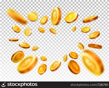 Shiny realistic gold coins explosion. Casino golden coin, shiny falling money jackpot or finance savings 3d cash vector illustration realistic concept isolated on white checkered background. Shiny realistic gold coins explosion. Casino golden coin, falling money vector illustration concept