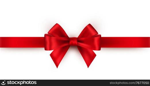 Shiny red satin bow and ribbon on white background. Vector decoration for gift card and discount voucher.. Shiny red satin ribbon on white background