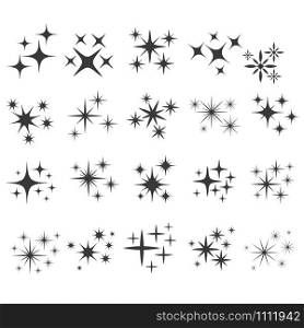 Shiny sparks silhouettes. Twinkle star particles, glitter sparkles and magic sparkle. Party sparks, festive sparkle burst or shine glitter starburst. Isolated silhouette vector icons set