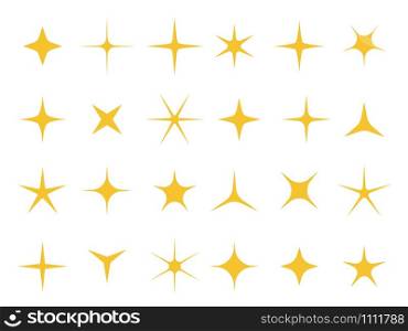 Shiny stars. Sparkle light, bright star and sparkles shape. Shining glitter sparkles, xmas golden stars, yellow glowing signs. Isolated vector symbols set. Shiny stars. Sparkle light, bright star and sparkles shape vector set