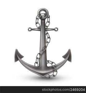 Shiny steel anchor with chain and rings on white background realistic style isolated vector illustration. Anchor With Chain Realistic Style