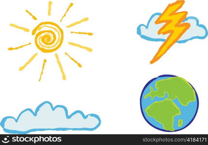Shiny weather icons - Sunshine, cloud, lightening and globe for your weather based designs.