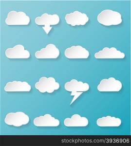 Shiny White Cloud Icons for Cloud Computing for Web and App on a Blue Background. Vector illustration