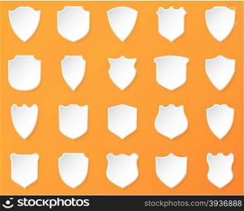 Shiny White Shields on a Orange Background. Vector illustration