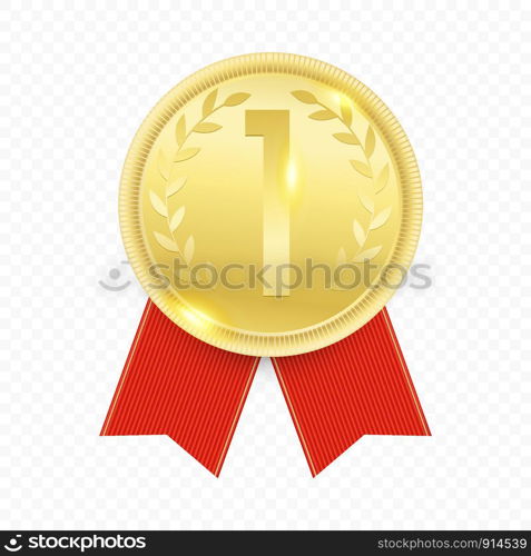 Shiny winner gold medal with red ribbon isolated on transparent background. Realistic style. Vector illustration.