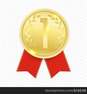 Shiny winner gold medal with red ribbon isolated on transparent background. Realistic style. Vector illustration.