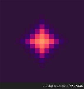 Shiny wye on purple, pixelated light or squared star, equipment of pixel game, laser award, squared spider, space equipment, ultraviolet trophy vector, pixelated cosmic object for mobile app games. Ultraviolet Star, Shiny Award, Pixel Game Vector