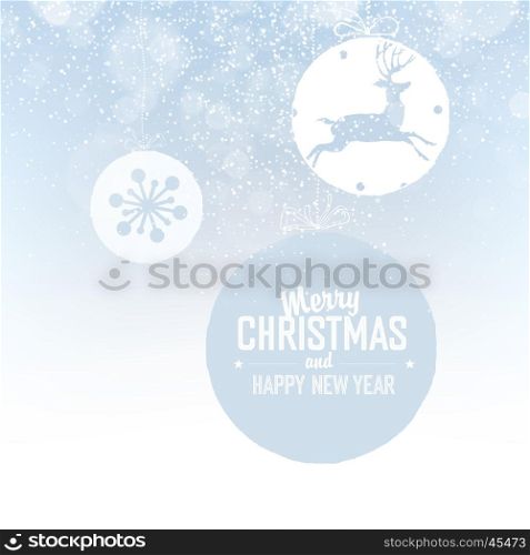 Shiny Xmas ball with deer for Merry Christmas celebration on light blue background with snowflakes. Vector illustration