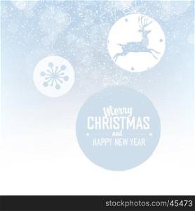 Shiny Xmas ball with deer for Merry Christmas celebration on light blue background with snowflakes. Vector illustration