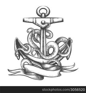 Ship anchor and octopus tentacles with ribbon Tatto in Engraving style. Vector illustration.