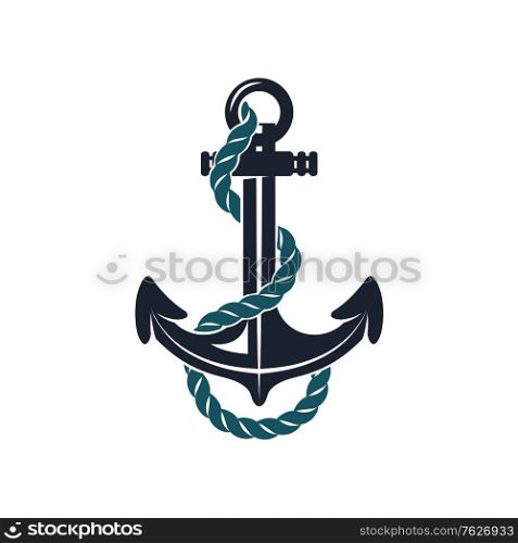Ship anchor isolated nautical object mooring vessel to sea bottom. Vector monochrome marine navigation symbol. Monochrome heavy anchor mooring object