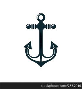 Ship anchor isolated nautical object mooring vessel to sea bottom. Vector monochrome marine navigation symbol. Monochrome heavy anchor mooring object