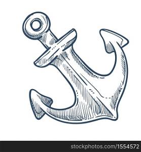 Ship anchor marine symbol isolated monochrome sketch icon vector sea adventure nautical element navigation and traveling sailing on boat or yacht ocean stop device navy sign world exploration.. Marine symbol ship anchor isolated sketch icon
