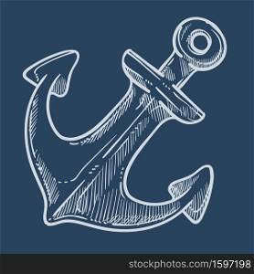 Ship anchor, marine symbol sketch icon vector. Sea adventure, nautical element, navigation and traveling, vessel equipment. Sailing on boat or yacht, ocean stop device, navy sign, world exploration. Marine anchor sketch icon, ship stop device