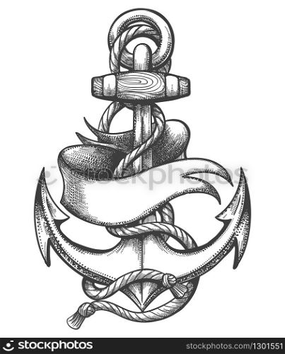 Ship Anchor with marine ropes and Blank Ribbon Old School Tattoo. Vector illustration.. Ship Anchor and Ribbon Old School Tattoo