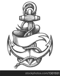 Ship Anchor with marine ropes and Blank Ribbon Old School Tattoo. Vector illustration.. Ship Anchor and Ribbon Old School Tattoo