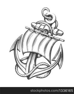 Ship Anchor with Sail and Ropes Tattoo drawn in Engraving Style. Vector illustration.