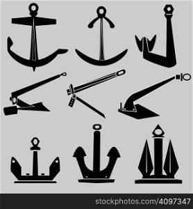 Ship and boat anchors in vector silhouette