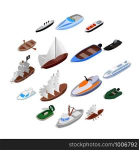 Ship and boat icons set in isometric 3d style. Sailing elements set collection vector illustration. Ship and boat icons set, isometric 3d style
