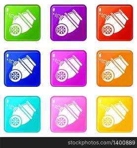 Ship cannon icons set 9 color collection isolated on white for any design. Ship cannon icons set 9 color collection