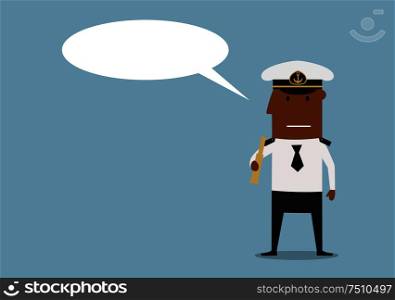 Ship captain in white uniform and cap holding spyglass in hands with blank speech bubble above head. Cartoon style. Ship captain with spyglass and speech bubble