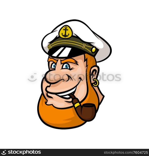 Ship captain with tobacco pipe isolated cartoon portrait. Vector man in hat with anchor, nautical mascot. Captain in cap with anchor smoking tobacco pipe