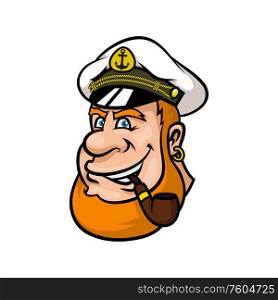 Ship captain with tobacco pipe isolated cartoon portrait. Vector man in hat with anchor, nautical mascot. Captain in cap with anchor smoking tobacco pipe