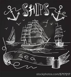 Ship chalkboard poster with sea birds anchors and sailing elements vector illustration.