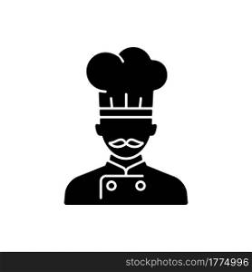 Ship cook black glyph icon. Food preparation for passengers. Making meals during traveling. Serving eatery for customers. Silhouette symbol on white space. Vector isolated illustration. Ship cook black glyph icon