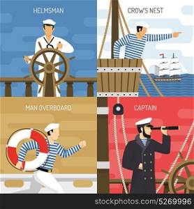 Ship Crew 4 Icons Concept . Sail ship crew members at work 4 flat icons square with helmsman captain sailors isolated vector illustration