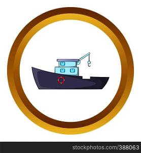 Ship for catching fish vector icon in golden circle, cartoon style isolated on white background. Ship for catching fish vector icon