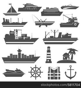 Ship icon black set with sailing cargo cruise vessels isolated vector illustration. Ship Icon Black