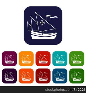 Ship of Columbus icons set vector illustration in flat style in colors red, blue, green, and other. Ship of Columbus icons set