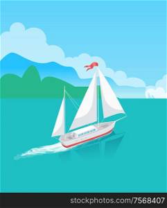 Ship or sailboat in ocean with trees on horizon. Marine vessel sailing in bay and leaving trace on water surface, tropical lagoon vector illustration.. Ship or Sailboat on Water with Trees on Horizon