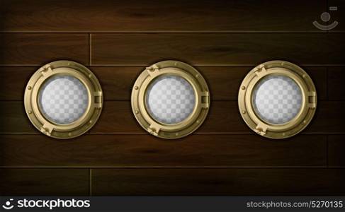 Ship Portholes Set. Ship golden portholes cartoon set with wooden sides vector illustration