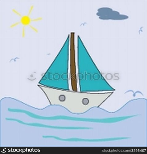 ship sailing cartoon, abstract vector art illustration