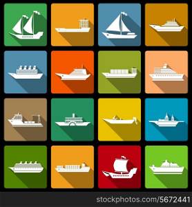 Ship sailing yachts and cruise boats flat silhouette icons set isolated vector illustration