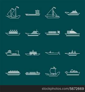 Ship sailing yachts and transportation boats outline silhouette icons set isolated vector illustration