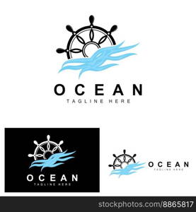 Ship Steering Logo, Ocean Icons Ship Steering Vector With Ocean Waves, Sailboat Anchor And Rope, Company Brand Sailing Design