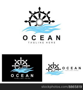 Ship Steering Logo, Ocean Icons Ship Steering Vector With Ocean Waves, Sailboat Anchor And Rope, Company Brand Sailing Design