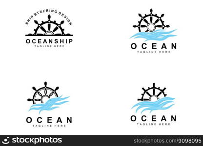 Ship Steering Logo, Ocean Icons Ship Steering Vector With Ocean Waves, Sailboat Anchor And Rope, Company Brand Sailing Design