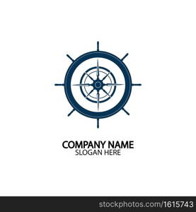 Ship steering wheel and conpass rose navigation symbol or logo isolated on white background - vector illustration