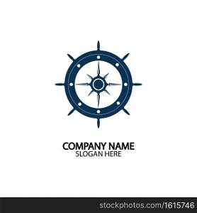 Ship steering wheel and conpass rose navigation symbol or logo isolated on white background - vector illustration