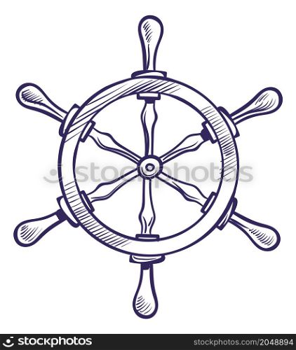 Ship steering wheel in hand drawn style. Pen ink sketch isolated on white background. Ship steering wheel in hand drawn style. Pen ink sketch