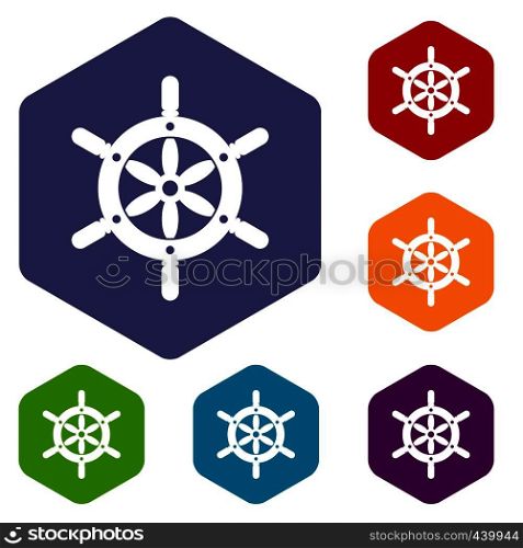Ship wheel icons set hexagon isolated vector illustration. Ship wheel icons set hexagon