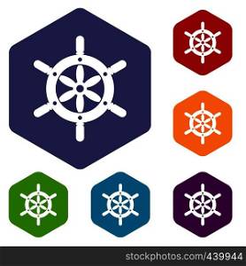 Ship wheel icons set hexagon isolated vector illustration. Ship wheel icons set hexagon