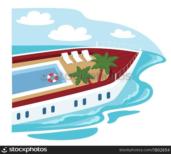 Ship with pool and chaise lounge for sunbathing. Cruise liner floating in water of sea or ocean. Vessel with decorative palm trees. Voyage and traveling, relaxing on weekends. Vector in flat style. Cruise liner with pool and decorative palm tree