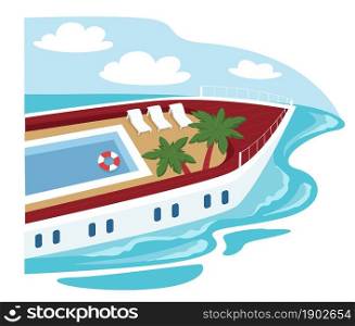 Ship with pool and chaise lounge for sunbathing. Cruise liner floating in water of sea or ocean. Vessel with decorative palm trees. Voyage and traveling, relaxing on weekends. Vector in flat style. Cruise liner with pool and decorative palm tree