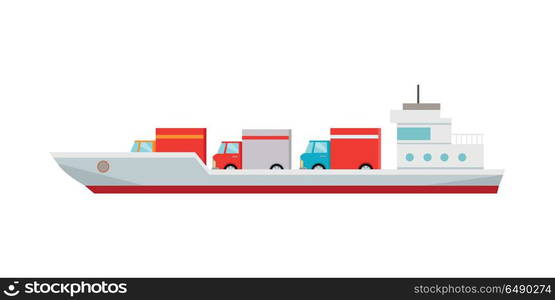 Ship Worldwide Warehouse Delivering. Logistics. Ship worldwide warehouse delivering. Logistics container shipping and distribution. Transportation to any part of world. Delivering by water sea ocean. Loading and unloading boxes. Vector illustration