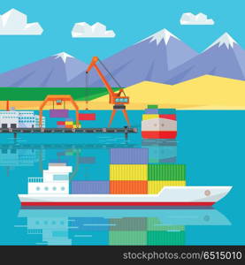 Ship Worldwide Warehouse Delivering. Logistics. Ship worldwide warehouse delivering. Logistics container shipping and distribution. Transportation to any part of world. Delivering by water sea ocean. Loading and unloading boxes. Vector illustration